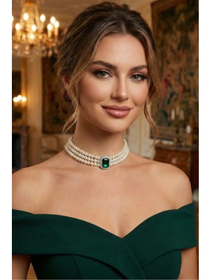 BB Bridal Boutique Cam Incili Gümüş Kaplama Taşlı Tasma Choker Baget Kolye Özel Tasarım Kolye Renkli Choker Kolye