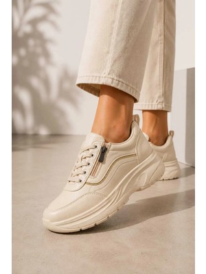 Slipcat Kadın, Günlük, 6 cm Kalın Tabanlı, Fermuar Görünümlü, Şık Spor Ayakkabı Sneakers