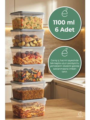 Evonita 6 Adet 1100 ml Saklama Kabı Seti Kapaklı Plastik Buzdolabı Düzenleyici Mikrodalga Uyum