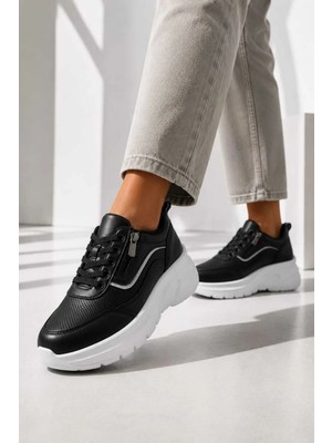 Slipcat Kadın, Günlük, 6 cm Kalın Tabanlı, Fermuar Görünümlü, Şık Spor Ayakkabı Sneakers