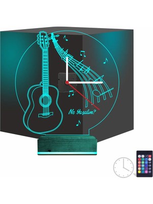 Luvivia Gitar Müzik Nota Kişiye Özel Saatli 3D Lamba - Masa Gece Lambası