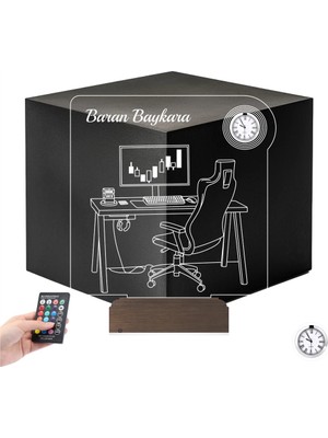 Luvivia Bilgisayar Trader Borsacı Broker Kişiye Özel Metal Saatli 3D Lamba - Masa Gece Lambası