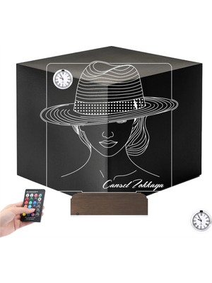 Luvivia Moda Stilist Şapka Kadın Kişiye Özel Metal Saatli 3D Lamba - Masa Gece Lambası