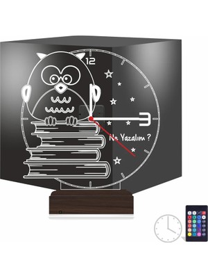Luvivia Baykuş Kitap Öğretmene Hediye Kişiye Özel Saatli 3D Lamba - Masa Gece Lambası