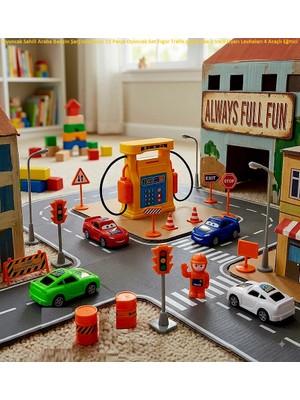 Oyuncak Sahili Araba Benzin Şarj İstasyonu 15 Parça Oyuncak Set Figür Trafik Işığı Duba 2 Varil Uyarı Levhaları 4 Araçlı Eğitici Meslek Set