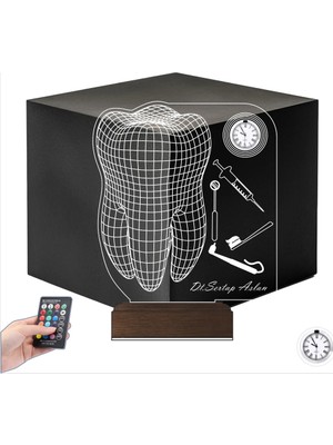 Luvivia Diş Doktoru Hediye Diş Hekimi Implant Kişiye Özel Metal Saatli 3D Lamba - Masa Gece Lambası