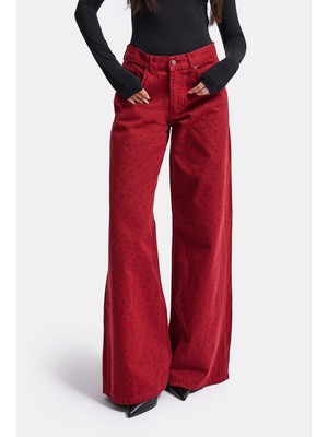 It's Basic Kadın Kırmızı Puantiye P-6W6-35 Palazzo Fit Denim Jean