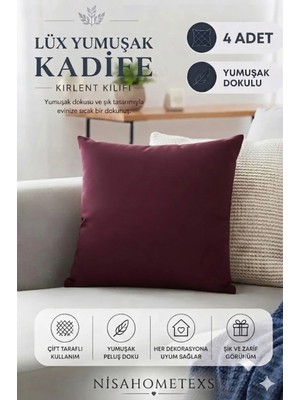 Nisahometeks 4 Adet Mürdüm Yumuşak Dokulu Kadife Salon Kırlent Kılıfı & Yastık Kılıfı 45 x 45 cm (Fermuarlı )