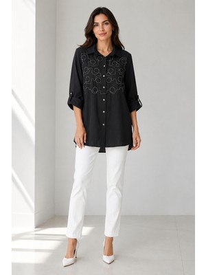 Bihan Store Göğüs Nakış Detaylı Katlanabilir Kollu Siyah Tunik Gömlek Y26-2506-SIYAH