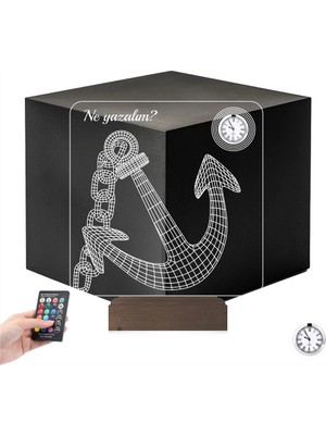 Luvivia Denizci Çapa Kaptan Kişiye Özel Metal Saatli 3D Lamba - Masa Gece Lambası