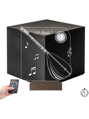 Luvivia Saz Bağlama Müzik Nota Tasarım Kişiye Özel Metal Saatli 3D Lamba - Masa Gece Lambası