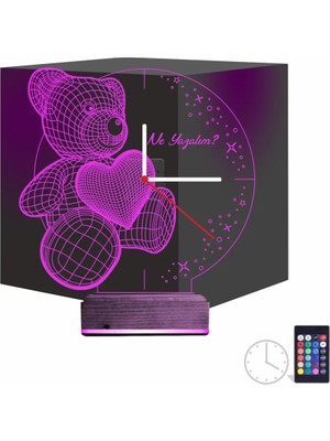 Luvivia Kalp Ayıcık Kişiye Özel Saatli 3D Lamba - Masa Gece Lambası