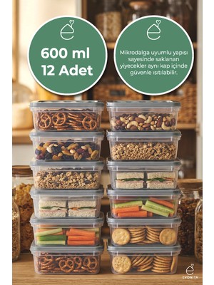 Evonita 12 Adet 600 ml Saklama Kabı Seti Kapaklı Plastik Buzdolabı Düzenleyici Mikrodalga Uyum