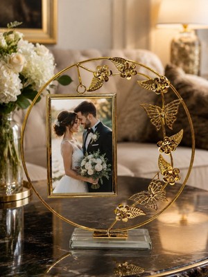 Kesene Lüx Gold Kelebek ve Çiçek Figürlü Pleksi Tabanlı Metal Fotoğraf Çerçevesi 27 cm Hediyelik Dekoratif