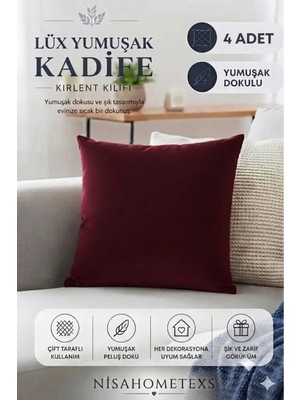 Nisahometeks 4 Adet Bordo Yumuşak Dokulu Kadife Salon Kırlent Kılıfı & Yastık Kılıfı 45 x 45 cm (Fermuarlı )