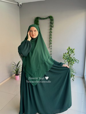 Yüsra Collection Tesettür Ayrobin Elbise ve Uzun Boy 3 Katlı Sufle 2'li Takım