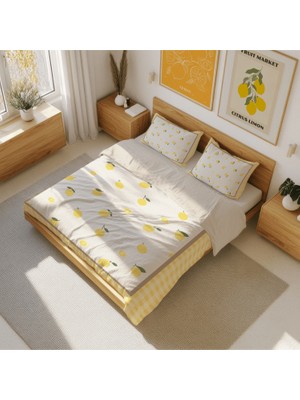 Luvis Store Sweet Lemonade - Limon Desenli Çift Kişilik Hibrit Nevresim Takımı - Çarşafsız