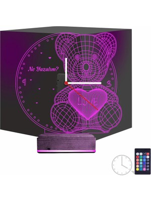 Luvivia Ayıcık Kalp Tasarım Kişiye Özel Saatli 3D Lamba - Masa Gece Lambası