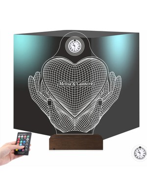 Luvivia Sevgiliye Hediye Kalp El Tasarımlı Kişiye Özel Metal Saatli 3D Lamba - Masa Gece Lambası