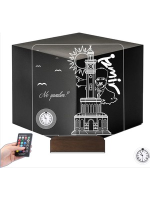Luvivia Izmir Saat Kulesi Atatürk Tasarım Kişiye Özel Metal Saatli 3D Lamba - Masa Gece Lambası
