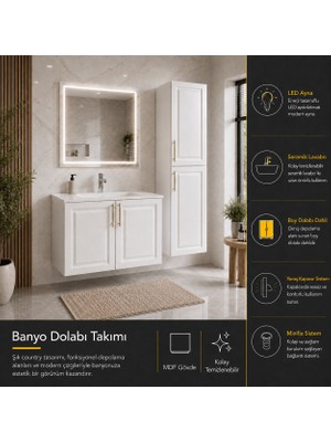 Trakya Banyo Banyo Dolabı Seti 80'lık Membran Alt Dolap Membran Boy Dolap Seramik Lavabo LED Aydınlatmalı Ayna
