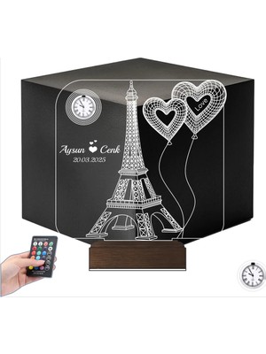 Luvivia Eyfel Kulesi Kalp Sevgiliye Hediye Kişiye Özel Metal Saatli 3D Lamba - Masa Gece Lambası