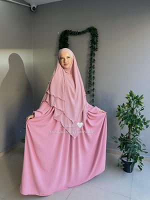 Yüsra Collection Tesettür Ayrobin Elbise ve Uzun Boy 3 Katlı Sufle 2'li Takım