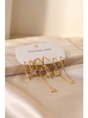 Renas Store 316L Çelik Gold Renk Yıldız Model Zincir Detaylı Kadın Küpe Seti TJ-BKP12072