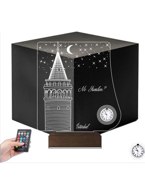 Luvivia Istanbul Galata Kulesi Kişiye Özel Metal Saatli 3D Lamba - Masa Gece Lambası