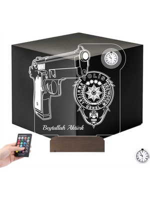Luvivia Polis Logo Tasarımlı Hediye Kişiye Özel Metal Saatli 3D Lamba - Masa Gece Lambası