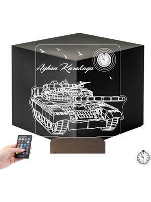 Luvivia Tank Asker Hediye Tankçı Kişiye Özel Metal Saatli 3D Lamba - Masa Gece Lambası