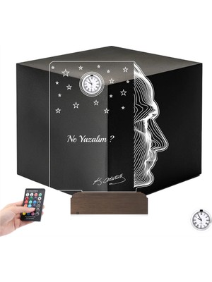 Luvivia Atatürk Silüet Imza Tasarım Kişiye Özel Metal Saatli 3D Lamba - Masa Gece Lambası