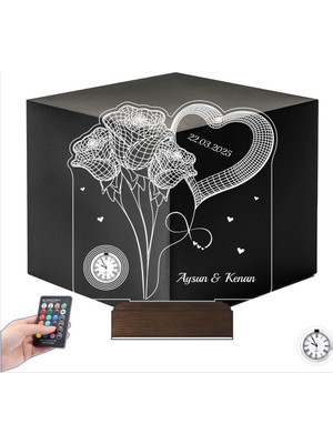 Luvivia Gül Kalp Sevgiliye Hediye Kişiye Özel Metal Saatli 3D Lamba - Masa Gece Lambası