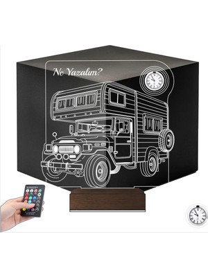 Luvivia Karavan Kamp Kamping Outdoor Tasarım Kişiye Özel Metal Saatli 3D Lamba - Masa Gece Lambası