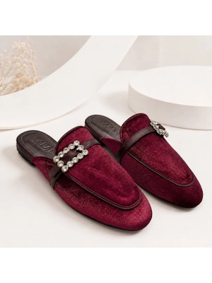 Dabab Shoes Marıgold Kadın Taşlı Tokalı Bordo Kadife Görünümlü Kapalı Burun Düz Taban Mule Terlik