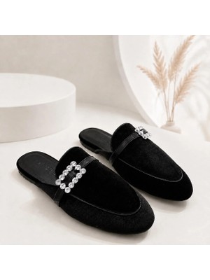 Dabab Shoes Marıgold Kadın Taşlı Tokalı Siyah Kadife Görünümlü Kapalı Burun Düz Taban Mule Terlik