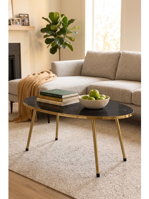 Hobibahçem Gold Ayak Oval Orta Sehpa Bendir Siyah