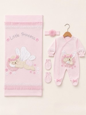 Kardeşler Bebe Kız Bebek Little Princess Nakışlı 4'lü Battaniye Tulum Seti
