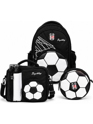 Beşiktaş 3D Futbol Topu Baskılı 3'lü Okul Seti - Okul Çantası, Beslenme Çantası ve Kalem Çantası