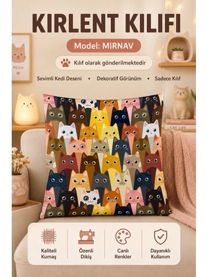 Mırnav Kedi Desenli - Yumuşacık Kırlent Kılıfı
