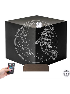 Luvivia Astronot Kozmonot Uzay Tasarım Kişiye Özel Metal Saatli 3D Lamba - Masa Gece Lambası