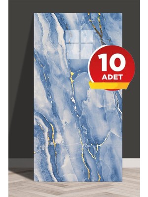 BienHome 10 Adet, 30X60 cm Mavi Damar Mermer Desenli Kendinden Yapışkanlı Mutfak Banyo Wc Kaplama Pvc PANEL-M6019