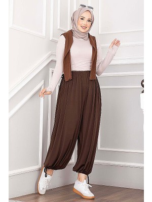 Ebru Tesettür Bel ve Paça Ayarlanabilir Şalvar Pantolon Taba