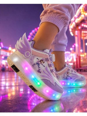 Rimex Kız Çocuk 4 Tekerlekli LED Işıklı Patenli Ayakkabı | Boa Döner Bağcık | Kanatlı Roller Sneaker | Max Ağırlık 60 Kg/ Kanatlı
