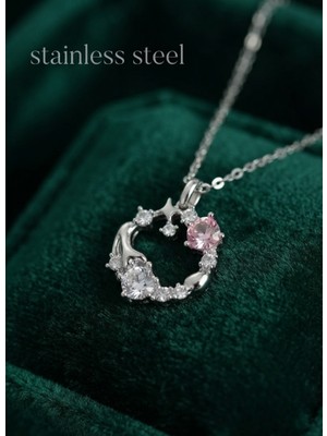 Stainless Steel 316L Çelik Zincir Gümüş Renk Pembe Taş Detaylı Çelenk Model Kolye