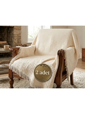 A.Z.H. (2 Adet) Kızılcabölük Pamuklu Ince Dokuma Naturel Püsküllü Kanepe, Koltuk,berjer, Köşe Takımı Koruma Örtüsü