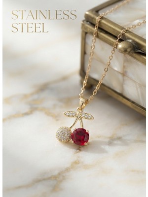 Stainless Steel 316L Çelik Zincir Gold Renk Kiraz Model Zirkon Taşlı Kolye