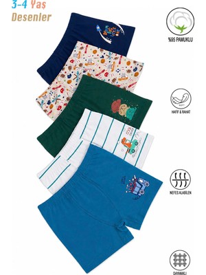 Özkan Underwear Özkan 31802 5'li Paket Erkek Çocuk Pamuklu Yumuşak Şort Boxer Desenli Renkli Rahat Kullanım
