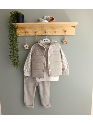 Hippıl Baby Düz Renk Süet Yelek Pantolon Çizgili Kapüşonlu Sweatshirt 3 Lü Erkek Çocuk Takım