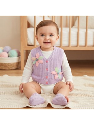 Erca Home Tekstil Ürünleri Selanik Desenli Pamuklu Çiçekli Triko Yelek 6 Ay,5y Kız